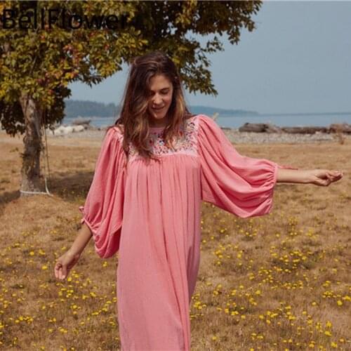 Solid Swing Dress Women Clothing Bohemian Loose Straight Chiffon Puff Sleeve O-Neck Draped Plus Size Summer Dress Dropshipping