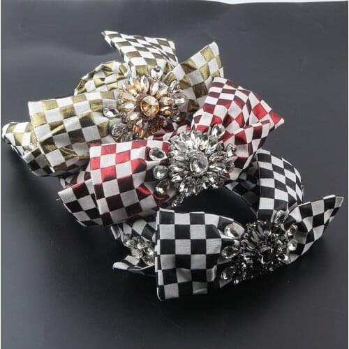 New fashion plaid cloth inlaid rhinestone sun flower bow headband ladies prom gift hair accessories headwear 965