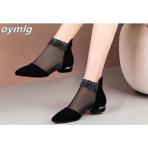 2020 new summer sandals Pointed High heels Women shoes Black Lace Ankle Flower low Heel zipper flowers casual sandals