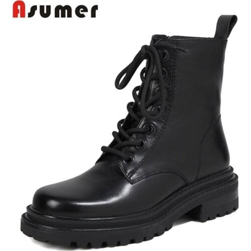 Asumer 2021 Hot Sale Vintage Genuine Leather Shoes Women Ankle Boots Top Quality Square Heel Autumn Winter Casual Women Boots
