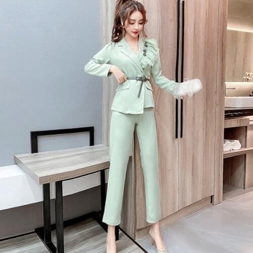 Spring New Fashion women Two Piece Sets Office OL Slim Beading Blazer + Pants Suit Lady Business Elegant Formal
