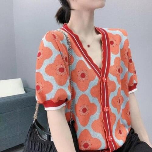 Fashion Floral Loose Women Cardigan V Neck Elegant Summer Ice Silk Cool Thin Sweater Short Puff Sleeve Knitted Tops Korean 2021