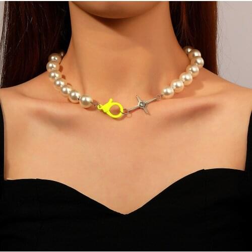 Pearl Stitching Necklace Net Red Personality Short Cross Choker Clavicle Chain Fashion Jewelry Female