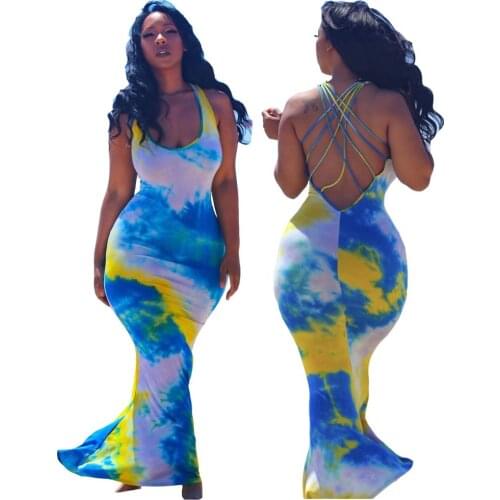 Adogirl Women Sleeveless Tie Dye Print Halter Neck Dress Open Back Mermaid Maxi Dress Casual Beach Women Long Dress Vestido
