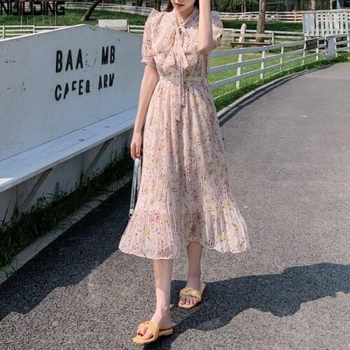 Women Elegant Pleated Chiffon Dresses Summer Short Sleeve Floral Print Dress Female Elastic Waist Bow Neck Long Mujer Vestidos