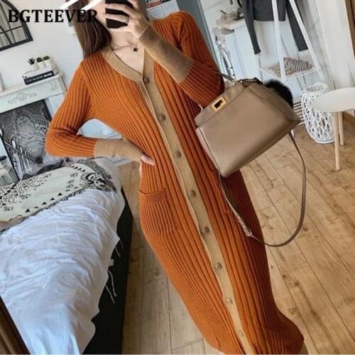 BGTEEVER 2020 New V-neck Patchwork Single-breasted Women Knitted Dress Autumn Winter Striped Female Sweater Dress Lady Vestidos