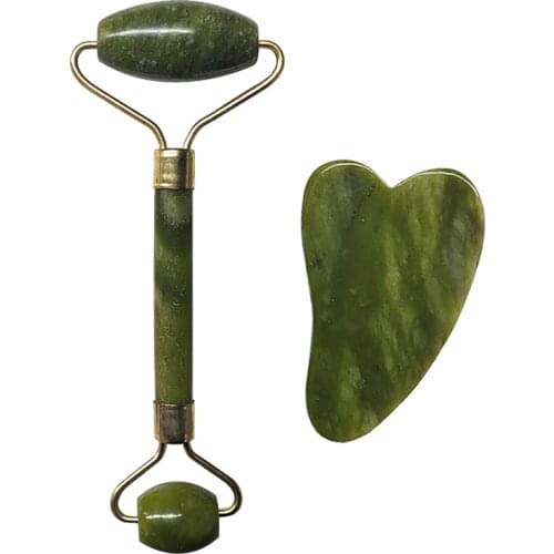 2PCS Green Roller And Gua Sha Set Anti Aging Natural Jade Roller For Face Massage Jade Board Scraping Tool Slimming Massager