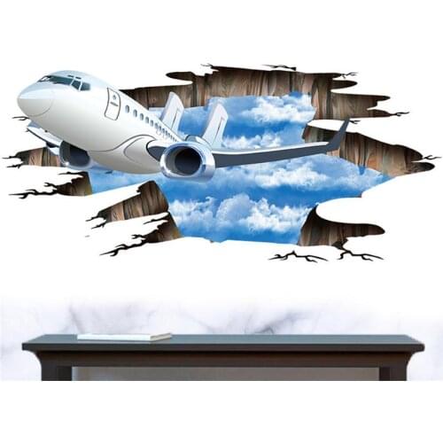 3D Aircraft Broken Wall Floor Sticker Waterproof Blue Sky White Clouds Wall Sticker For Bathroom Kids Rooms Home Decor Art Mural