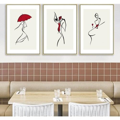 Abstract Lady Line Drawing Picture Modern Red Umbrella Dancer Canvas Painting Minimalist Wall Art Poster For Living Room Decor
