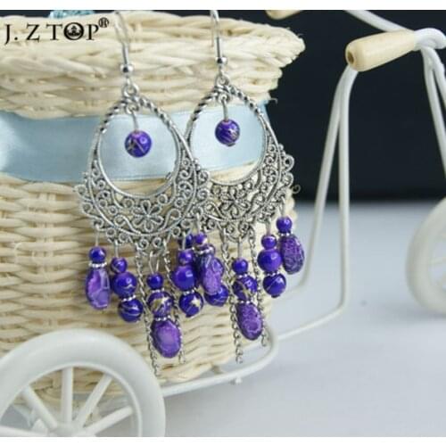 JZTOP Bohemian Round Ball Beaded Leaf Tassel Drop Earrings Retro Vintage For Teens Girls Jewelry boucles d'oreilles boheme