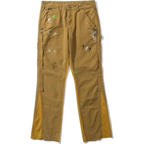 EukaaRu Vibe Style Graffiti Flared Pants Mens High Street Loose Stitching Jeans Leisure Wide Leg Trousers Overalls Cargo Pants