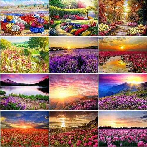 DIY 5D Diamond Painting Sunset Flower Landscape Mosaic Diamond Embroidery Cross Stitch Kits Full Round Rhinestones Handmade Gift