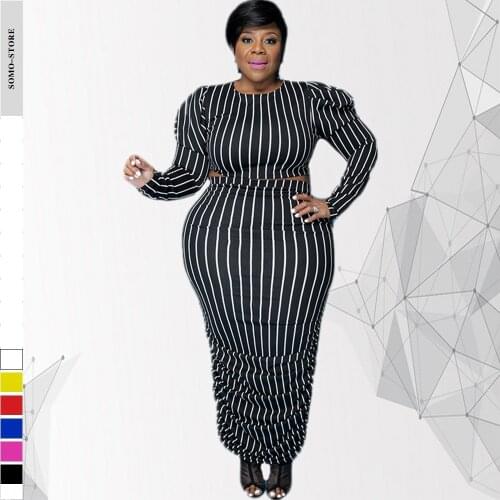 Elegant Autumn Skirts Sets Striped Print Sexy Fashion Round Collar Tops Plus Size Two Piece Womens Suit Wholesale Dropshipping