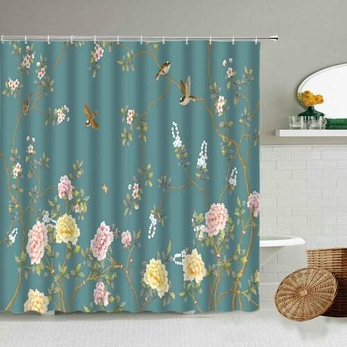 Chinese Style Floral Bird Shower Curtain Colorful Flower Butterflies Home Bathroom Wall Decor With Hook Waterproof Fabric Screen