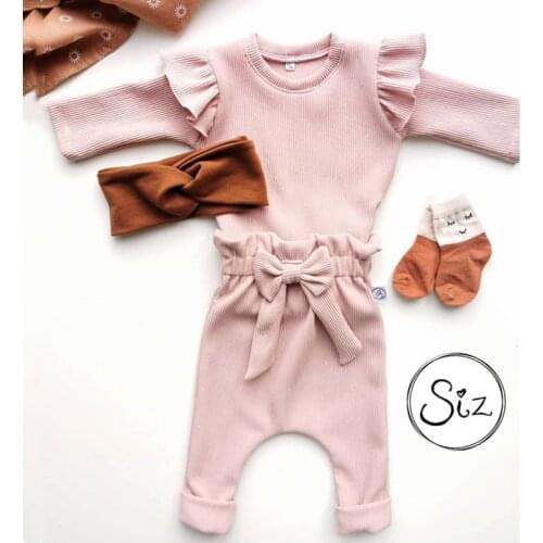 2Pcs New Autumn Winter Baby Girls Clothes Cute Bow Ribbed Solid Long Sleeve Jumpsuit Bodysuit+Pants Toddler Infant Outfits