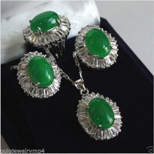 Natural green natural green buddha jadeite Inlay Zircon pendant necklace r Plated earring Ring Sets jade crystal