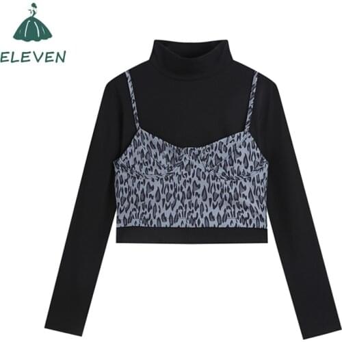 Harajuku Short T-shirt Suit Womens Long-Sleeved Pullover Outer Wear Street Clothes Hot Girl Suspender Top Two-Piece Suit