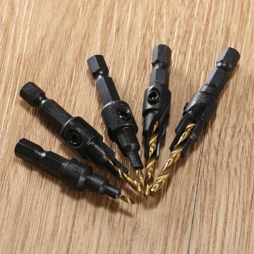 5pcs HSS Titanium Countersink Drill Kit Quick Change 1/4" Hex Shank Screw #5 #6 #8 #10 #12 Woodworking Craft Tools Drilling Part