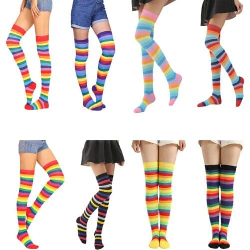 New Personality Rainbow Stockings Womens Colorful Striped Over The Knee Long Leg Socks Stage Performance Cute Socks Sexy Women