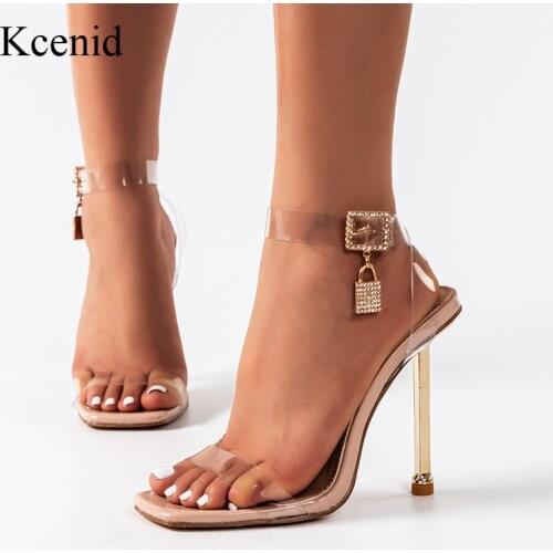 Kcenid New PVC Jelly Sandals Crystal Open Toe Rhrinestone Buckle Shoes Woman Transparent Strap Metal High Heel Sandals Pumps