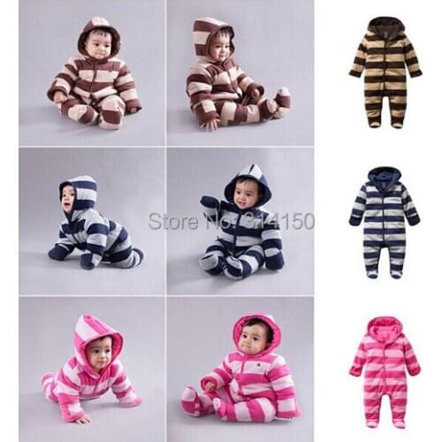Baby Boys/Girls Winter New Style One-Piece Romper Infant Stripe Warm Jumpsuit for 3-24M 1pcs Free Shipping
