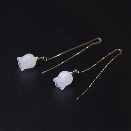 Real 925 Sterling Silver Natural Gemstones White Jade Earrings Handmade Fine Jewelry Flower Drop Earrings for Women Gift