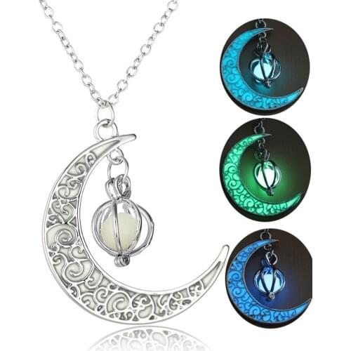 Silver Plated Chain Long Night Moon Necklace Women Fashion Jewelry Glow In the Dark Pendant Necklaces For Women