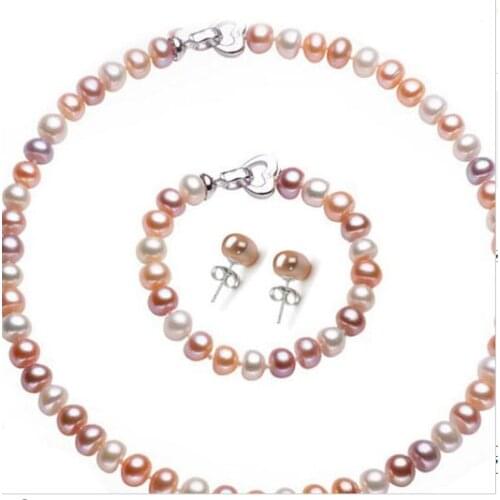 Wedding Woman Jewelry Set Colorful Pearl 9-10mm AAA Natural Freshwater Pearl Necklace Bracelet Earring Handmade Gift Free Box
