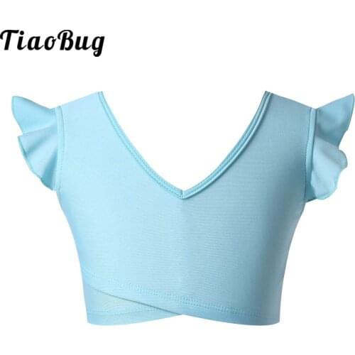TiaoBug Kids V Neck Ruffle Sleeveless Stretchy Crop Top for Girls Ballet Jazz Dance Costume Fitness Gymnastics Tops Dance Wear