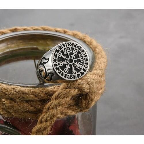 Vintage Stainless Steel Viking Rings for Motorcycle Party Scandinavian Tauren Warrior Compass Rings Cool Biker Ring Male Jewelry