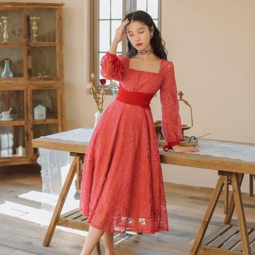 BLLOCUE Vintage Lace Dress Womens Elegant High Waist Square Neck Bow Fairy Dress