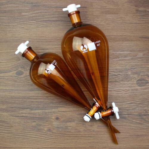 60 125 250 500 1000ml Brown Glass Pear Shaped Funnel with A Polytetrafluorogen Piston