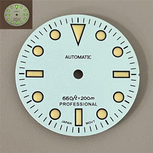 Green Luminous 28.5mm Watch Dial 200m Diving White Modify 007 Dial With S Logo For NH35 /4R36 Automatic Movement