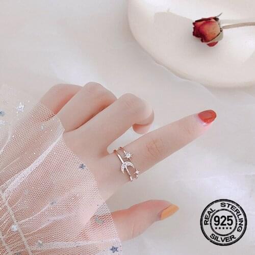 925 Sterling Silver Diamond Star Moon Double Opening Rings For Women Simple Sweet Fashion New Student Korean Girlfriend Jewelry