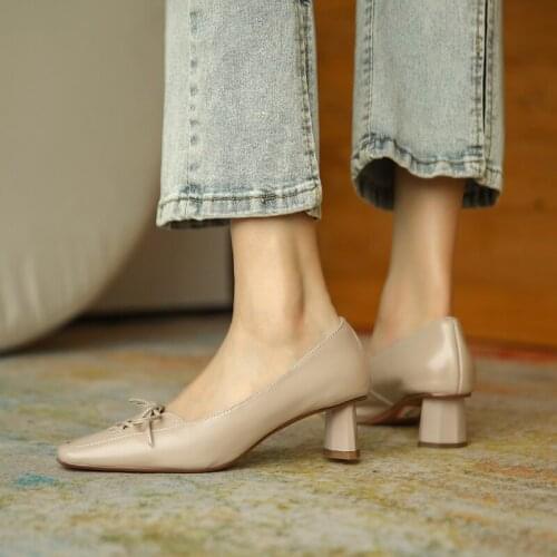 Osunlina Womans Pumps 2021 Fashion Slip On 5cm High Heels Genuine Cow Leather Square Toe Office Lady New Spring Shoes A210