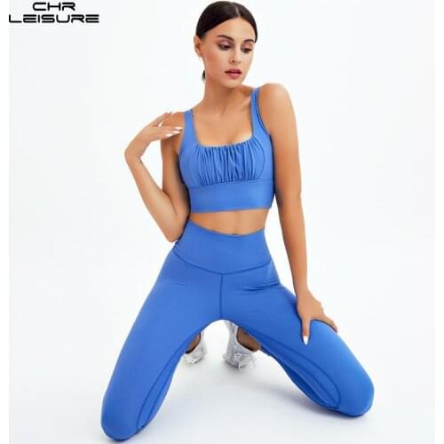 CHRLEISURE Woman Clothes Outfits Pleated Square Neck Bra Two Piece Set Women Summer Gym Leggings Set Sport Outfit for Woman