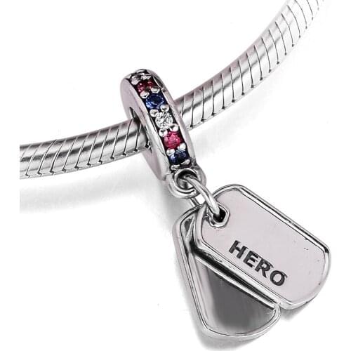 Fits for Pandora Bracelets Hero Dog Tag Charms 100% 925 Sterling Silver Jewelry Beads for Women Free Shipping