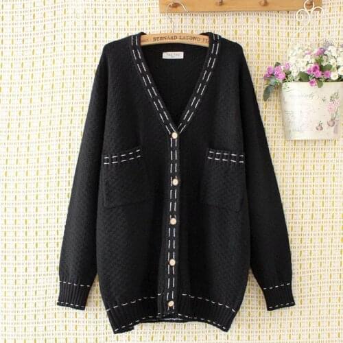 Plus size loose women wool sweaters 2021 new winter casual ladies khaki black Cardigans V-neck knitted coats female tops