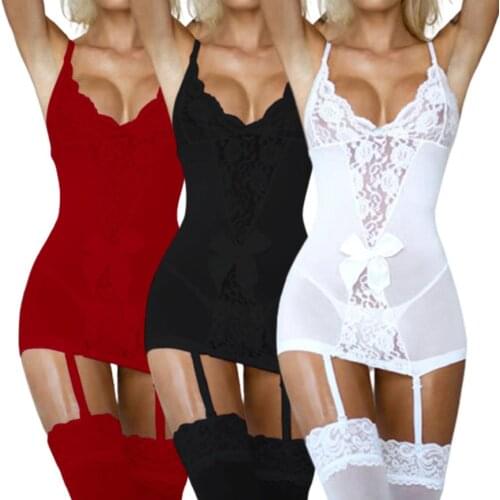 Women Sexy See-through Nightdress White Deep V-neck Lace Hem Slip Dress S M L XL XXL