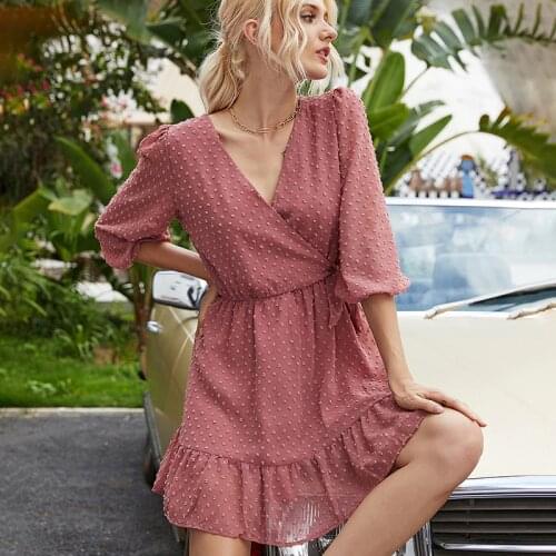 2021 New Summer Fashion High Waist Lace Up Solid Color Medium Sleeve Mini Dresses Womens All Match A Line Casual Chic Dress