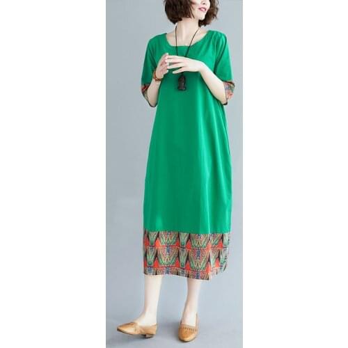 Summer Plus Size Dress Women Ethnic Green Vintage Dress Beach Stitch Loose Ladies Short Sleeve Midi Dressses Shirt Casual