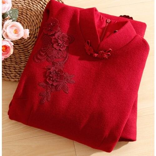 High-end Winter Chinese Style Plus Size Embroidery Red Qipao Dress Women Slim Vintage Warm Wool Party Cheongsam Dress M-XXXL