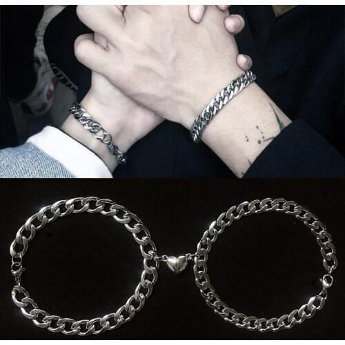 2 Pcs Punk Best Friend Bracelet For Women Aesthetic Armband Silver Color Couple Wrist Cuban Link Chain