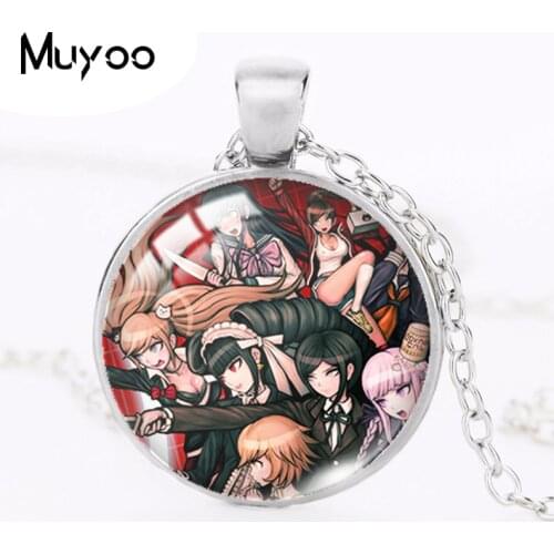 2020 New Danganronpa Pendant Monokuma Enoshima Junko Necklace Round Glass Cabocon Pendants Anime Photo Chain HZ1