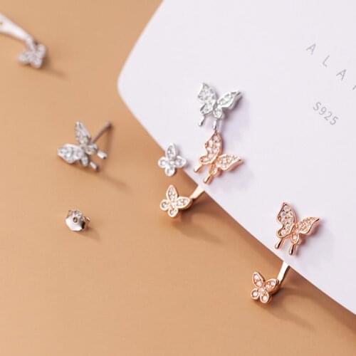 925 Sterling Silver Butterflies CZ Paved Ear Jacket Stud Earrings A1021