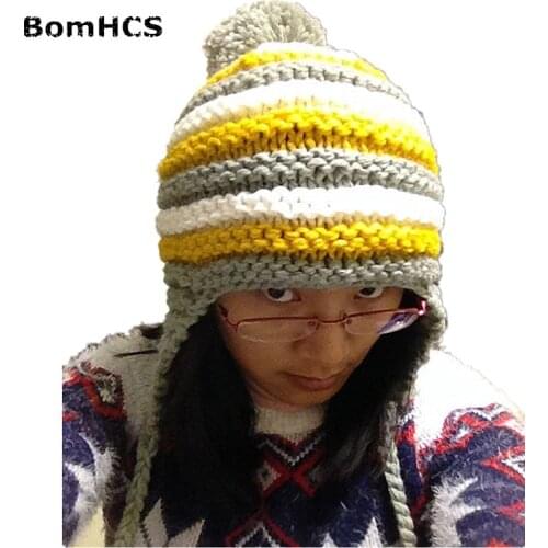 BomHCS Patchwork Stripe Knit Beanie 100% Handmade Winter Warm Womens Hat