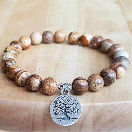 8mm Picture Jasper Gemstone Handmade Mala Bracelet Tibetan Prayer Yoga Japa Spirituality