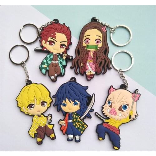 Fashion Demon Slayer Kimetsu no Yaiba Family Keychain Soft PVC Cartoon Two Side Keyring Car Key Chain Bag Pendant Gift for Fans