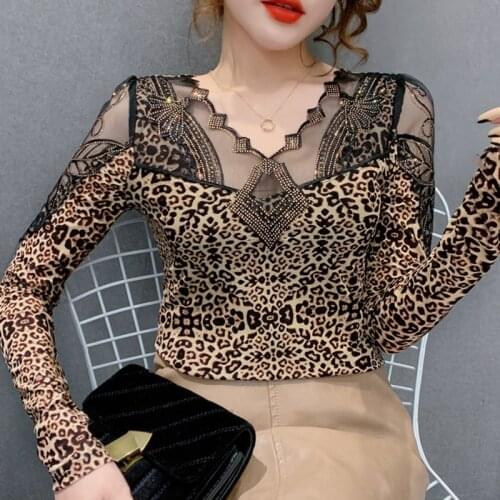 Camisetas de mujer New 2021 Spring Long Sleeve Womens T-Shirt Fashion Casual Sexy V-neck Hot drilling Mesh Tops Plus Size