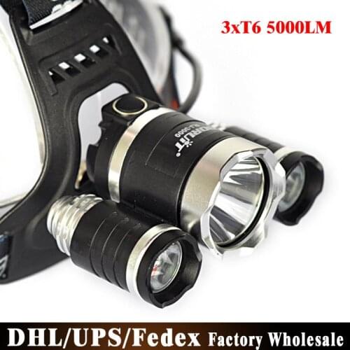 DHL Fedex UPS 100pcs/lot RJ-3000 5000LM 3T6 Headlamp 3x XM-L T6 LED Light Headlight Camping Frontale Head Torch